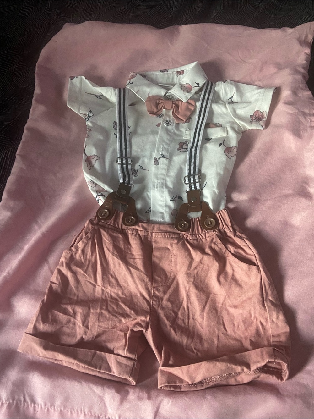 Kids Pink Bow Tie & Suspender Shorts Set